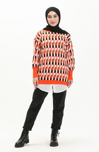 Patterned Balloon Sleeve Sweater 80056-01 Orange Black 80056-01