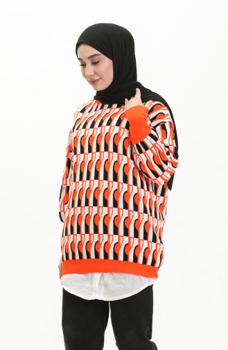 Patterned Balloon Sleeve Sweater 80056-01 Orange Black 80056-01