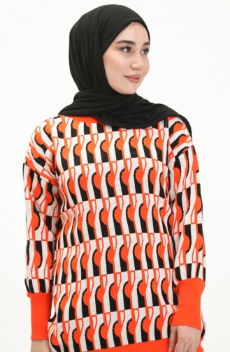 Patterned Balloon Sleeve Sweater 80056-01 Orange Black 80056-01