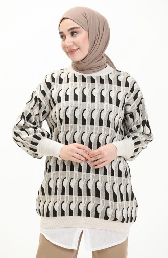 Triko Balon Kol Desenli Kazak 80056-03 Bej Siyah
