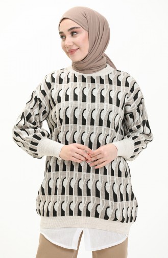 Patterned Balloon Sleeve Sweater 80056-03 Beige Black 80056-03