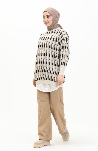 Patterned Balloon Sleeve Sweater 80056-03 Beige Black 80056-03