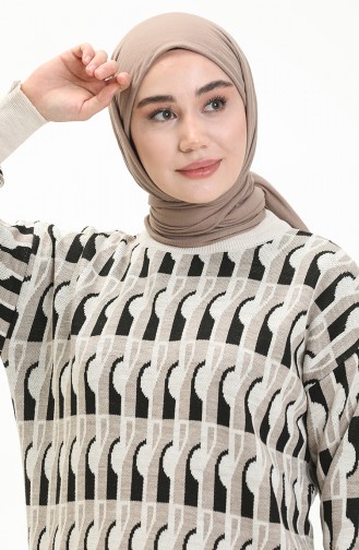 Triko Balon Kol Desenli Kazak 80056-03 Bej Siyah