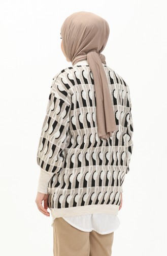 Triko Balon Kol Desenli Kazak 80056-03 Bej Siyah