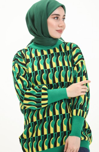 Patterned Balloon Sleeve Sweater 80056-06 Green Black 80056-06