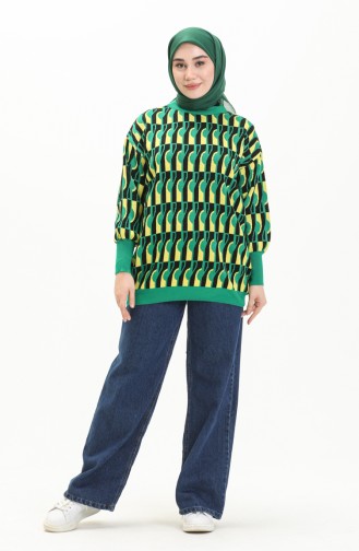 Patterned Balloon Sleeve Sweater 80056-06 Green Black 80056-06