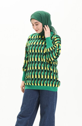 Patterned Balloon Sleeve Sweater 80056-06 Green Black 80056-06