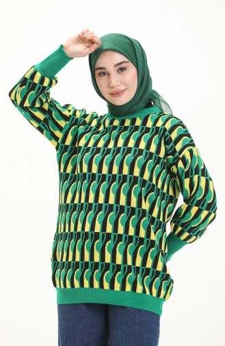 Patterned Balloon Sleeve Sweater 80056-06 Green Black 80056-06