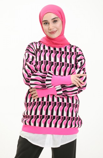 Trikot gemusterter Pullover mit Ballonärmeln 80056-07 Schwarz-Pink 80056-07