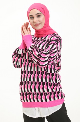 Patterned Balloon Sleeve Sweater 80056-07 Black Pink 80056-07