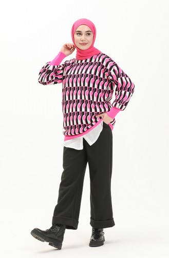 Patterned Balloon Sleeve Sweater 80056-07 Black Pink 80056-07