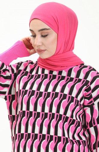 Trikot gemusterter Pullover mit Ballonärmeln 80056-07 Schwarz-Pink 80056-07
