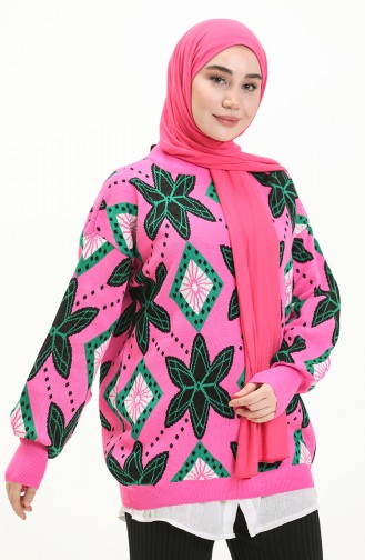 Triko Desenli Kazak 80058-06 Pembe Yeşil