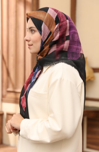 Desenli Flamlı Eşarp 13208-05 Siyah Mürdüm