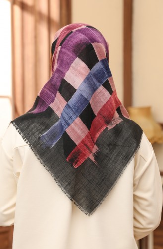 Desenli Flamlı Eşarp 13208-05 Siyah Mürdüm