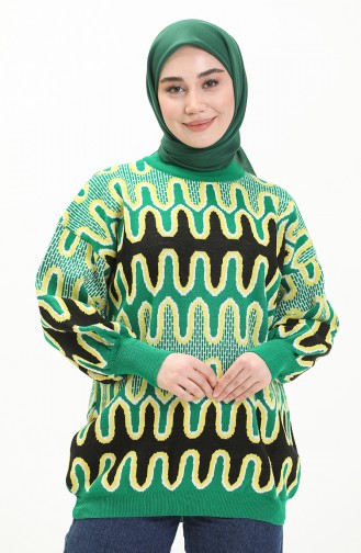 Trikot gemusterter Pullover mit Ballonärmeln 80055-06 Grün-Schwarz 80055-06