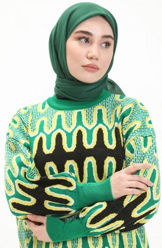 Trikot gemusterter Pullover mit Ballonärmeln 80055-06 Grün-Schwarz 80055-06