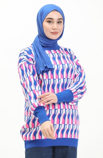 Trikot gemusterter Pullover mit Ballonärmeln 80056-02 Pink-Sax 80056-02