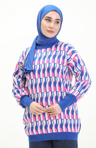 Trikot gemusterter Pullover mit Ballonärmeln 80056-02 Pink-Sax 80056-02