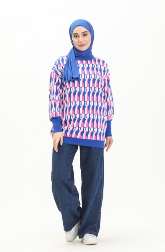 Trikot gemusterter Pullover mit Ballonärmeln 80056-02 Pink-Sax 80056-02