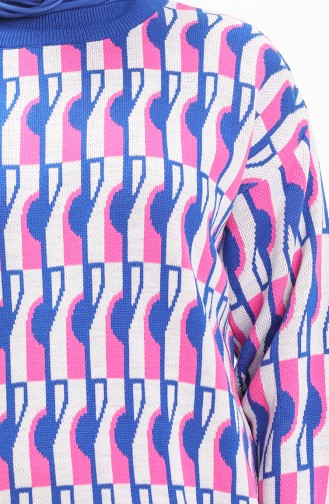 Trikot gemusterter Pullover mit Ballonärmeln 80056-02 Pink-Sax 80056-02