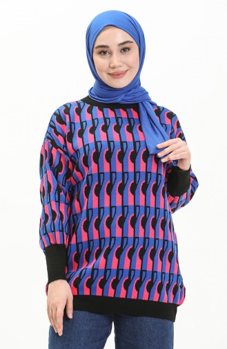 Pull Tricot à Motifs Manches Ballon 80056-04 Bleu Roi Noir 80056-04