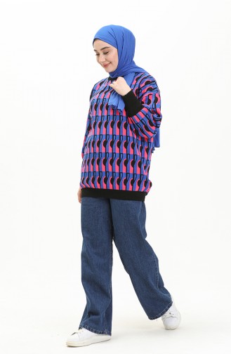 Trikot gemusterter Pullover mit Ballonärmeln 80056-04 Sax-Schwarz 80056-04