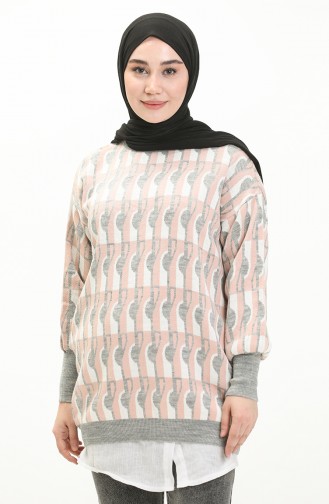 Trikot gemusterter Pullover mit Ballonärmeln 80056-05 Grau-Puderfarben 80056-05