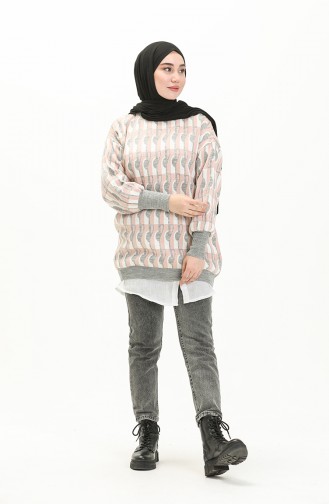 Trikot gemusterter Pullover mit Ballonärmeln 80056-05 Grau-Puderfarben 80056-05