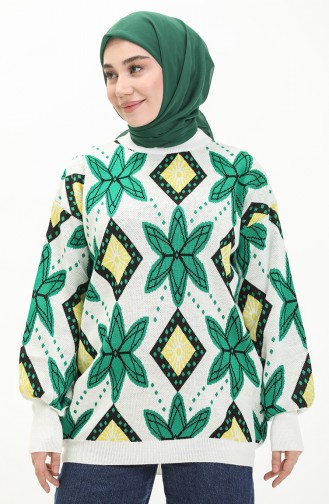 Trikot gemusterter Pullover 80058-02 Knochenfarbe-Grün 80058-02