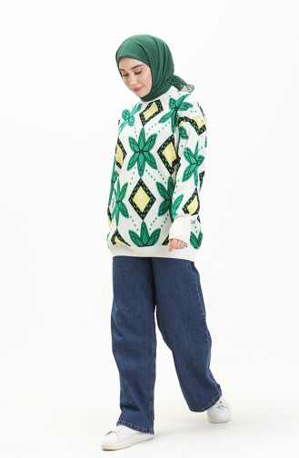 Trikot gemusterter Pullover 80058-02 Knochenfarbe-Grün 80058-02
