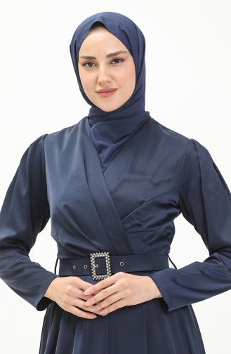 Taş Kemerli Elbise Lacivert