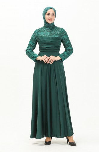 Önü Büzgülü Dantelli Elbise Zümrüt Yeşili