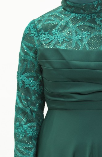 Önü Büzgülü Dantelli Elbise Zümrüt Yeşili