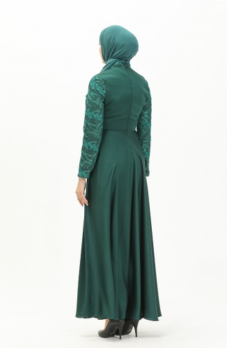 Önü Büzgülü Dantelli Elbise Zümrüt Yeşili