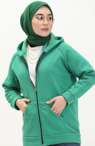Üç İplik Kapüşonlu Hırka 1082-01 Yeşil