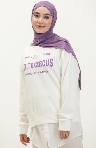 Letter Printed Sweatshirt 1066-01 Ecru Lilac 1066-01