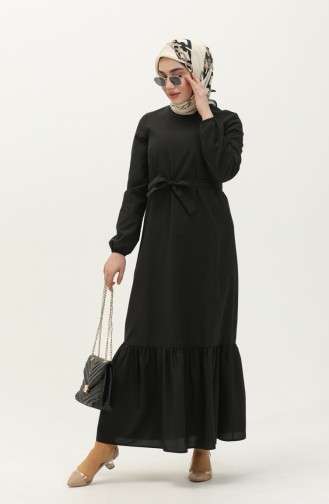 Kleid mit Gürtel und gefältelter Rock 1081-01 Schwarz 1081-01