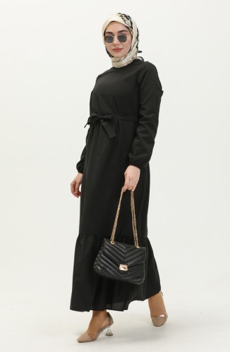 Kleid mit Gürtel und gefältelter Rock 1081-01 Schwarz 1081-01