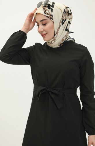 Kleid mit Gürtel und gefältelter Rock 1081-01 Schwarz 1081-01