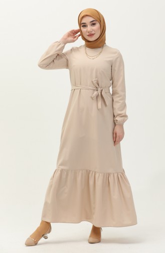 Robe Ceinturée avec Jupe Plissée 1081-02 Beige 1081-02