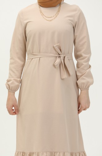 Robe Ceinturée avec Jupe Plissée 1081-02 Beige 1081-02