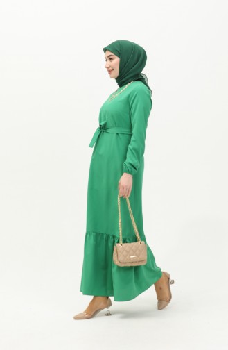 Robe Ceinturée avec Jupe Plissée 1081-03 Vert Emeraude 1081-03