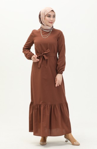 Eteği Büzgülü Kuşaklı Elbise 1081-04 Kahverengi