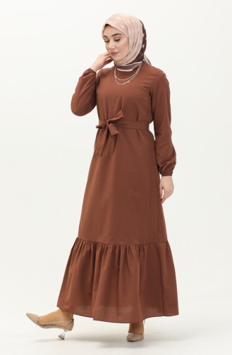 Eteği Büzgülü Kuşaklı Elbise 1081-04 Kahverengi