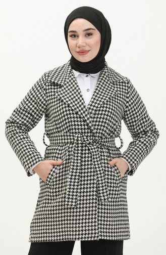 Veste Ceinturée à Motif 1080-01 Noir Blanc 1080-01