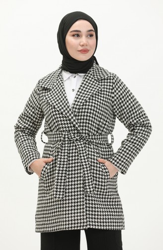 Veste Ceinturée à Motif 1080-01 Noir Blanc 1080-01