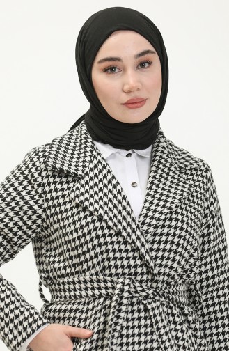 Veste Ceinturée à Motif 1080-01 Noir Blanc 1080-01