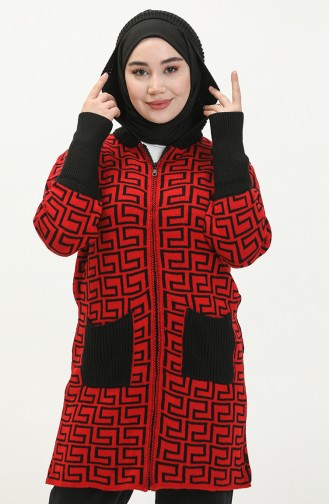 Triko Desenli Fermuarlı Hırka 80052-04 Kırmızı