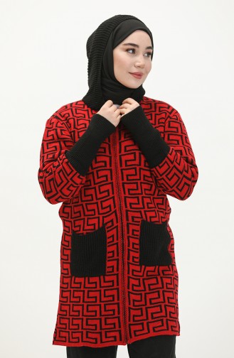 Triko Desenli Fermuarlı Hırka 80052-04 Kırmızı